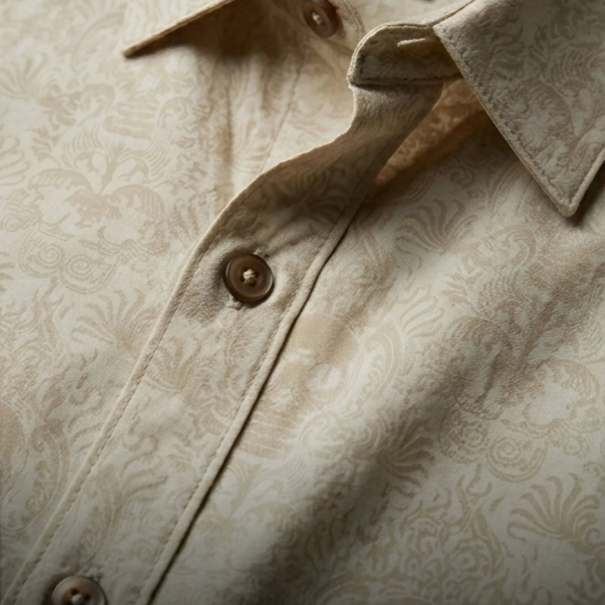 Close-up of beige Cancun Skull viscose button down shirt featuring intricate ornamental print