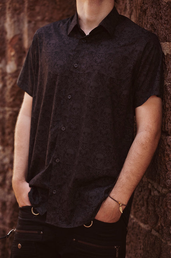 Black Cancun Skull viscose button down shirt with subtle skull print for men