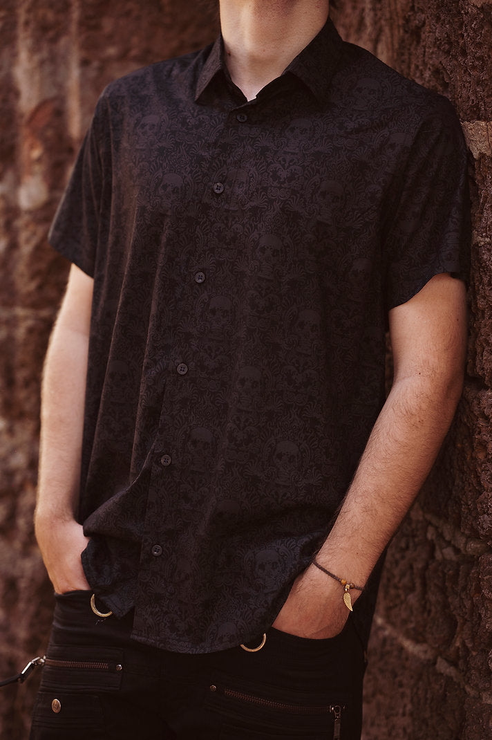 Black Cancun Skull viscose button down shirt with subtle skull print for men