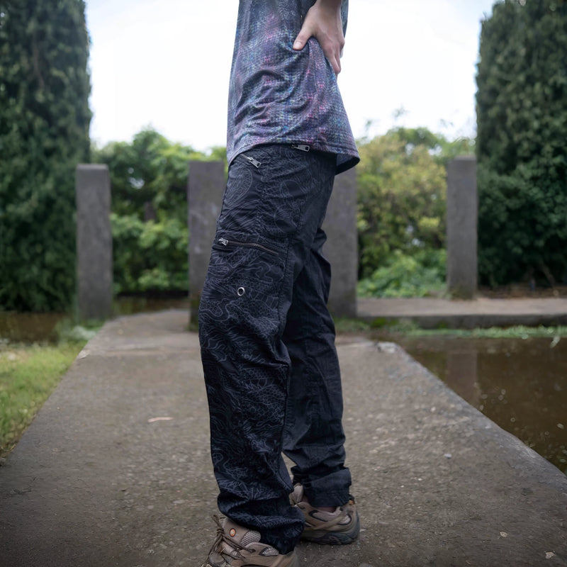 Black dragon print cargo pants with multiple zipper pockets
