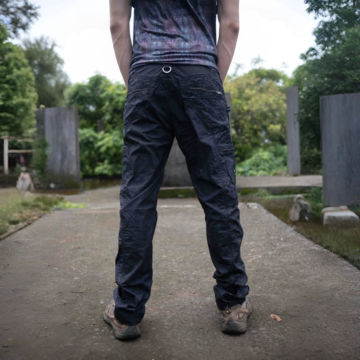 Black streetwear cargo pants for men back view with dragon print