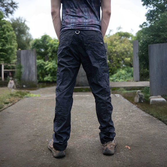 Black streetwear cargo pants for men back view with dragon print