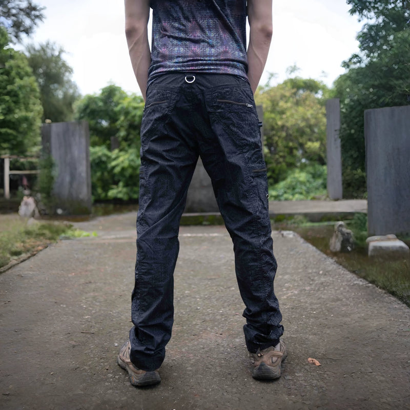 Black streetwear cargo pants for men back view with dragon print