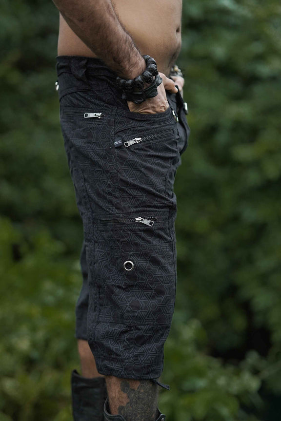 Pythagoras Abstract black men's 3/4 cargo shorts side view