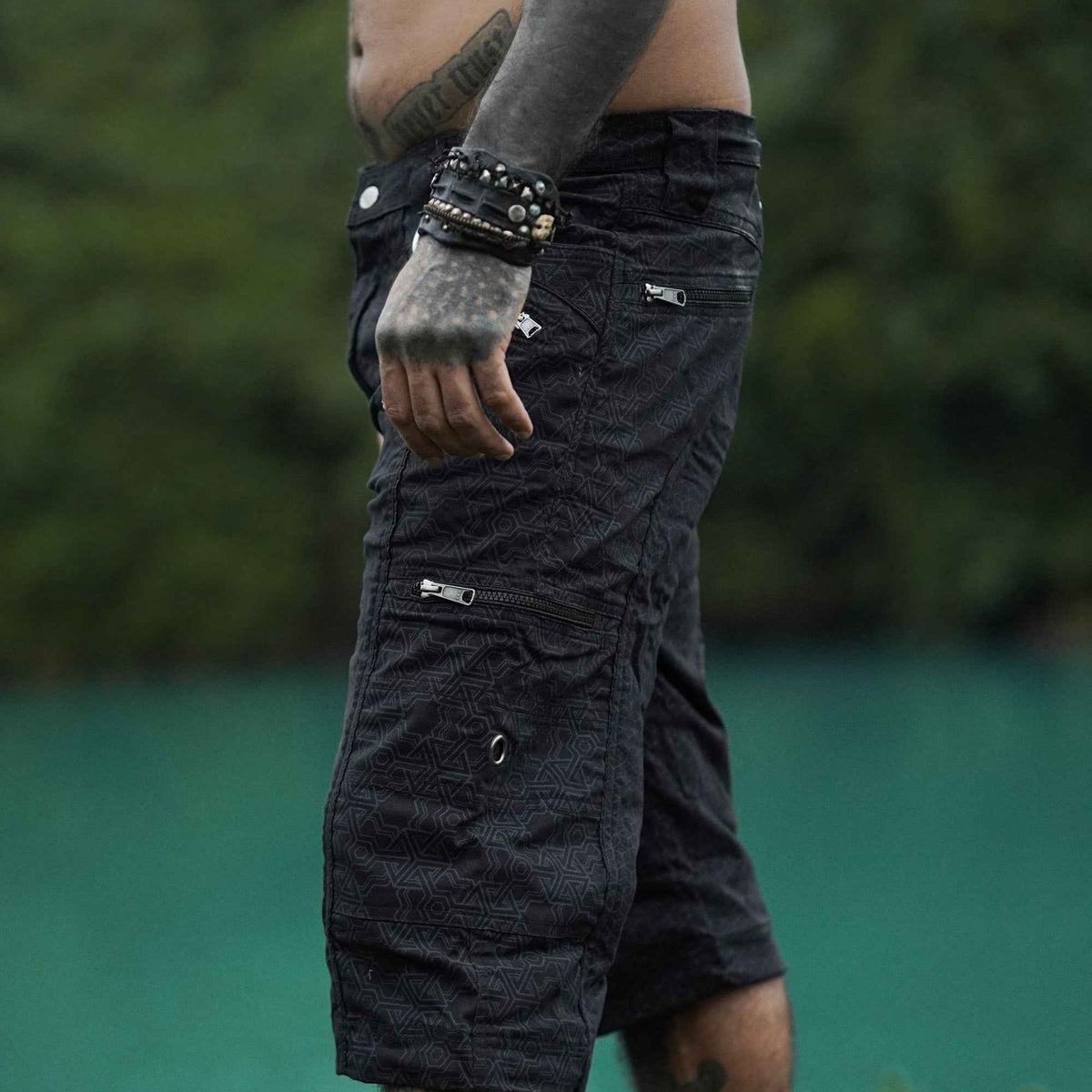 Side view of Pythagoras Abstract black men's cargo shorts