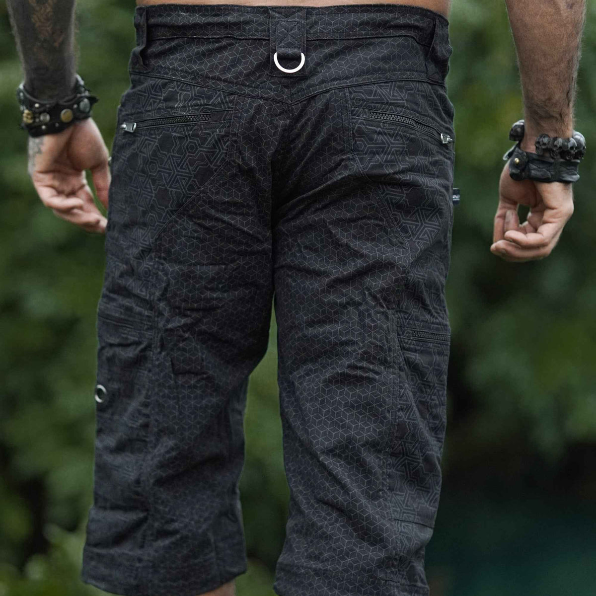 Back view of Pythagoras Abstract black 3/4 cargo shorts