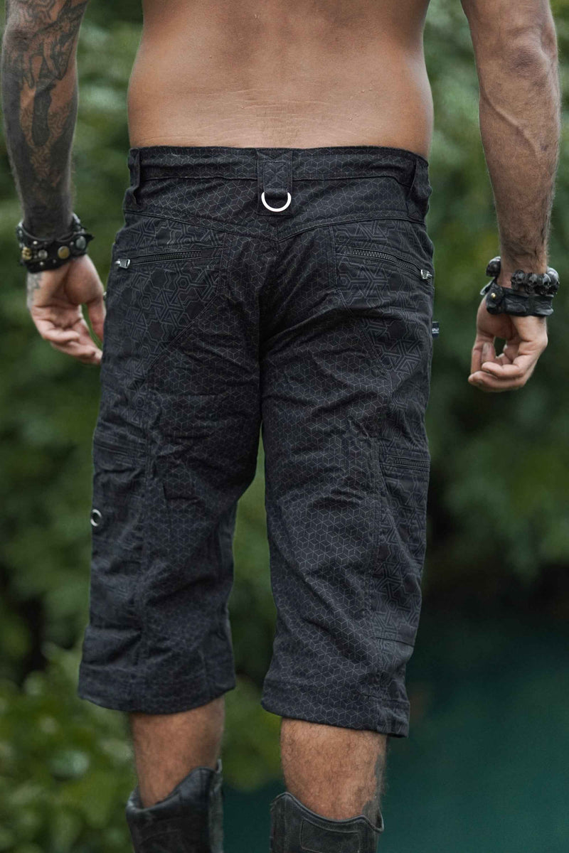 Back view of Pythagoras Abstract black 3/4 cargo shorts