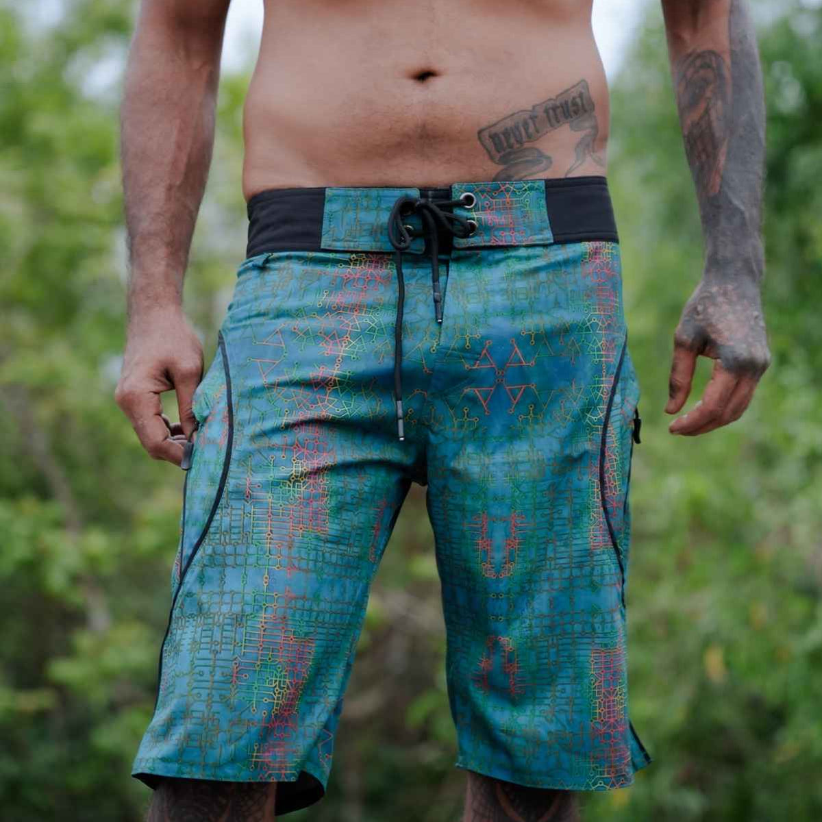 Blue Dream psychedelic swim shorts with blue and teal digital print