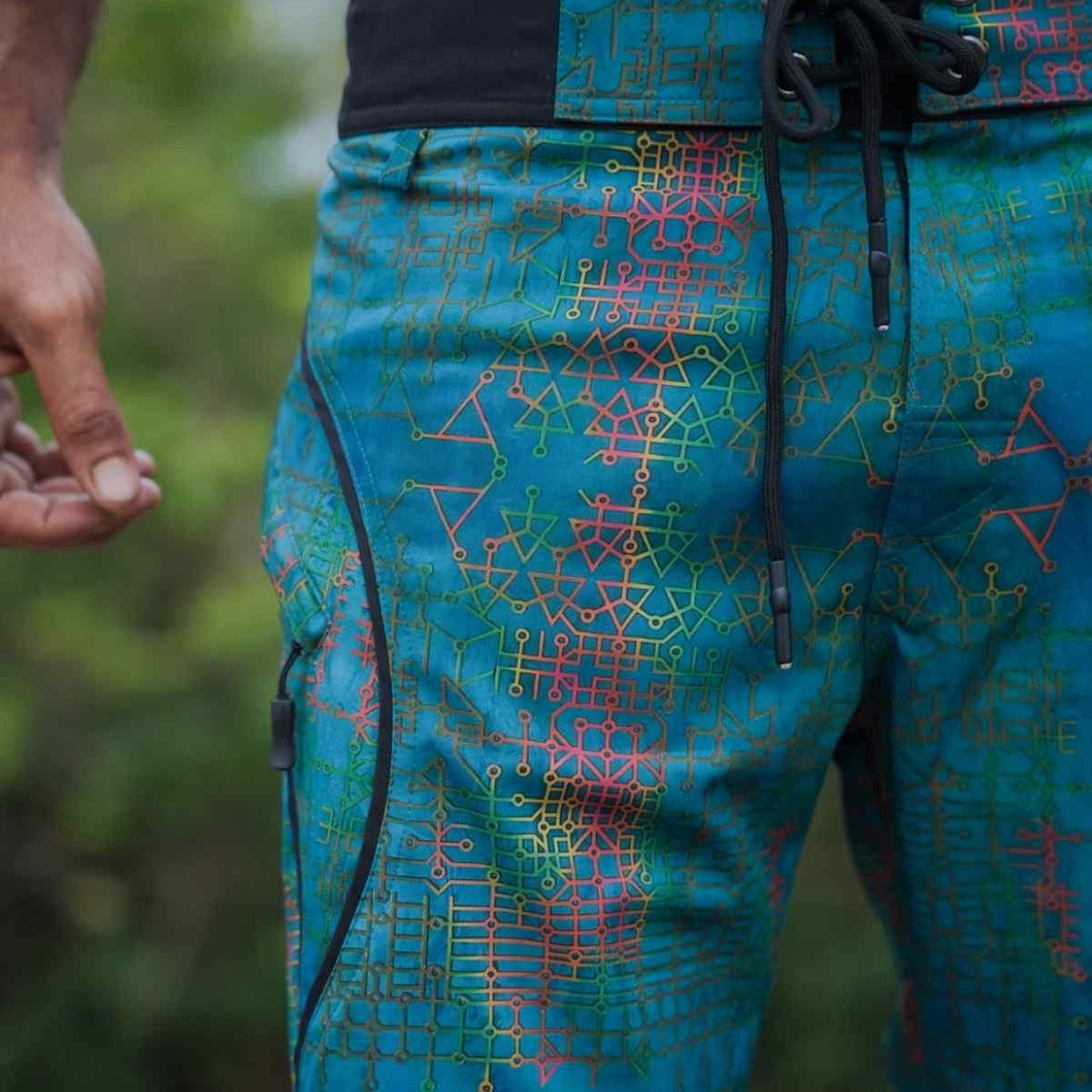 Close-up of Blue Dream psychedelic digital print swim shorts