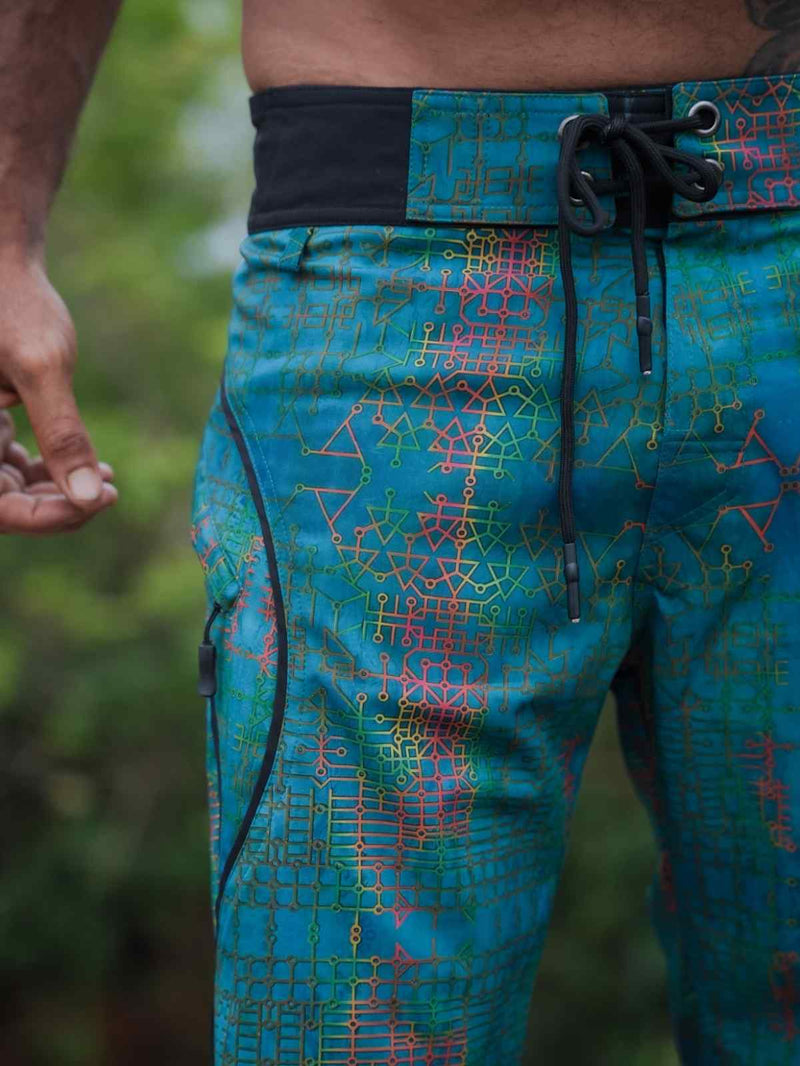 Close-up of Blue Dream psychedelic digital print swim shorts