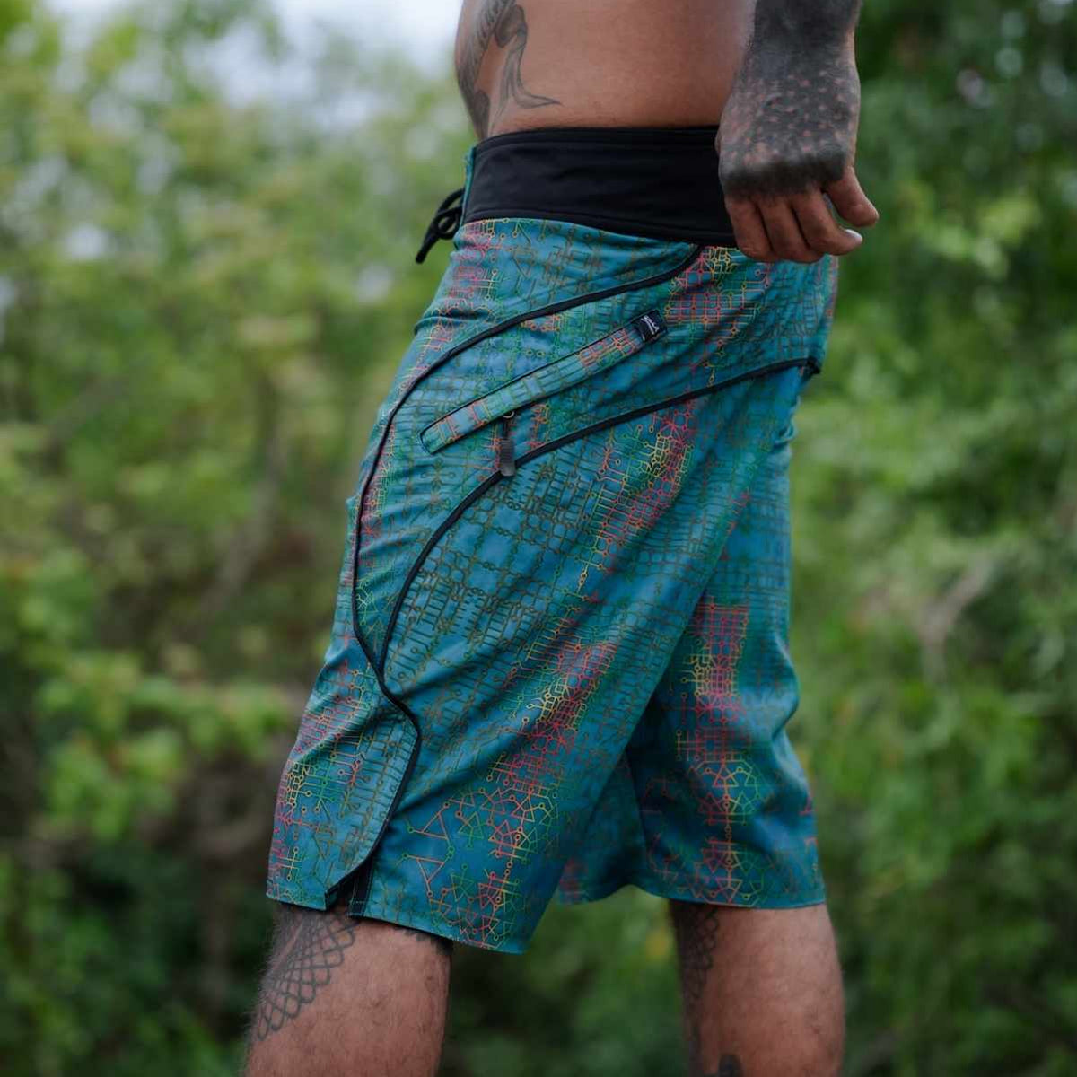 Side view of Blue Dream printed psychedelic swim shorts