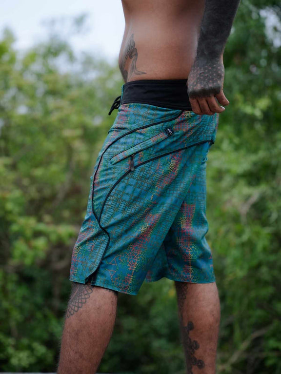 Side view of Blue Dream printed psychedelic swim shorts