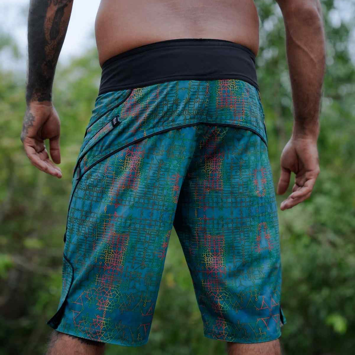 Back view of Blue Dream psychedelic swim shorts with digital print