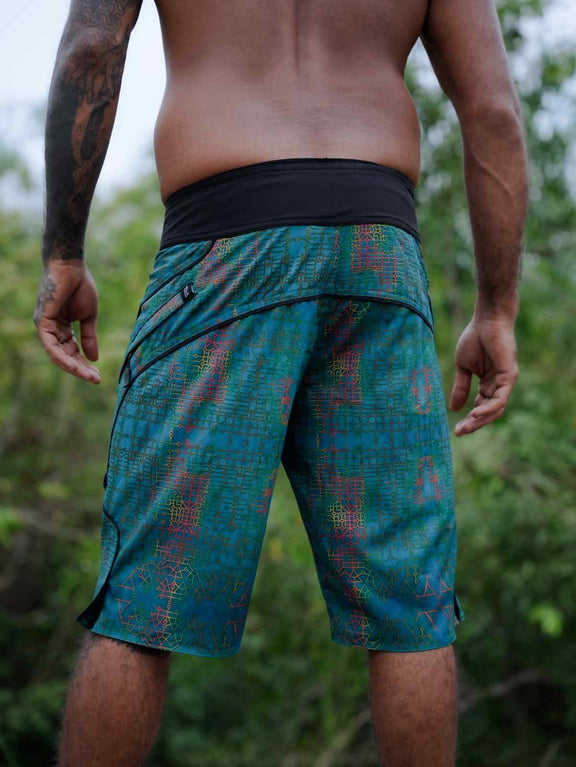 Back view of Blue Dream psychedelic swim shorts with digital print