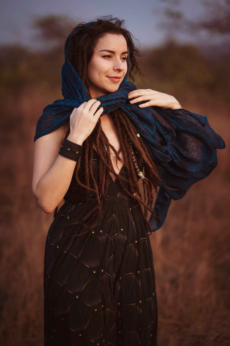 Woman wearing Blue Occult bamboo scarf with digital geometric print