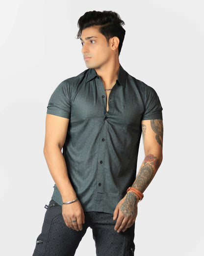 Bubble Trouble grey men's viscose shirt with lightweight geometric circle pattern