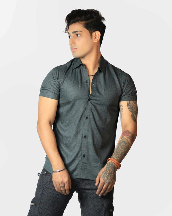 Bubble Trouble grey men's viscose shirt with lightweight geometric circle pattern