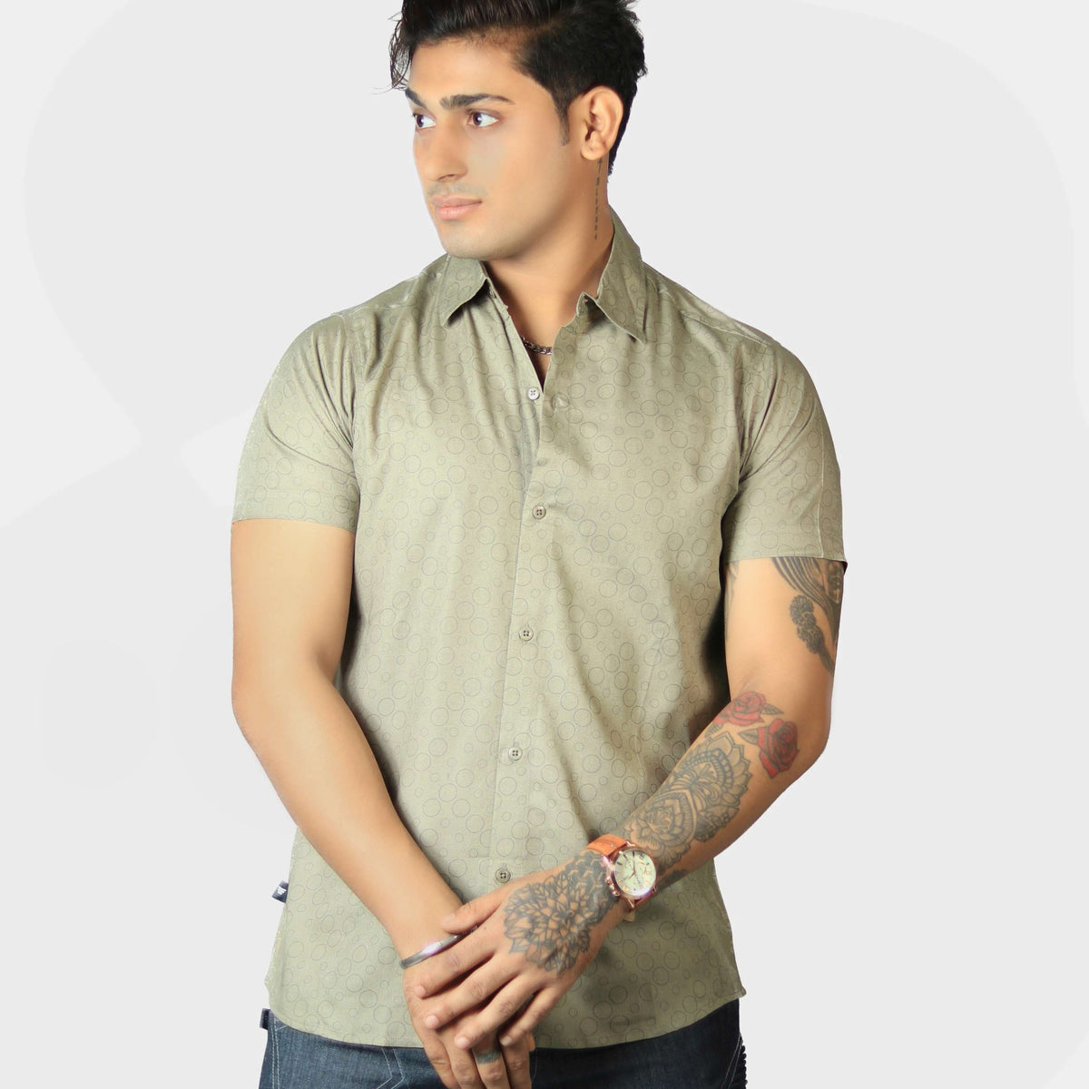 Bubble Trouble khaki men's viscose shirt featuring modern geometric circle print