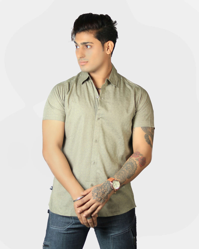 Bubble Trouble khaki men's viscose shirt featuring modern geometric circle print