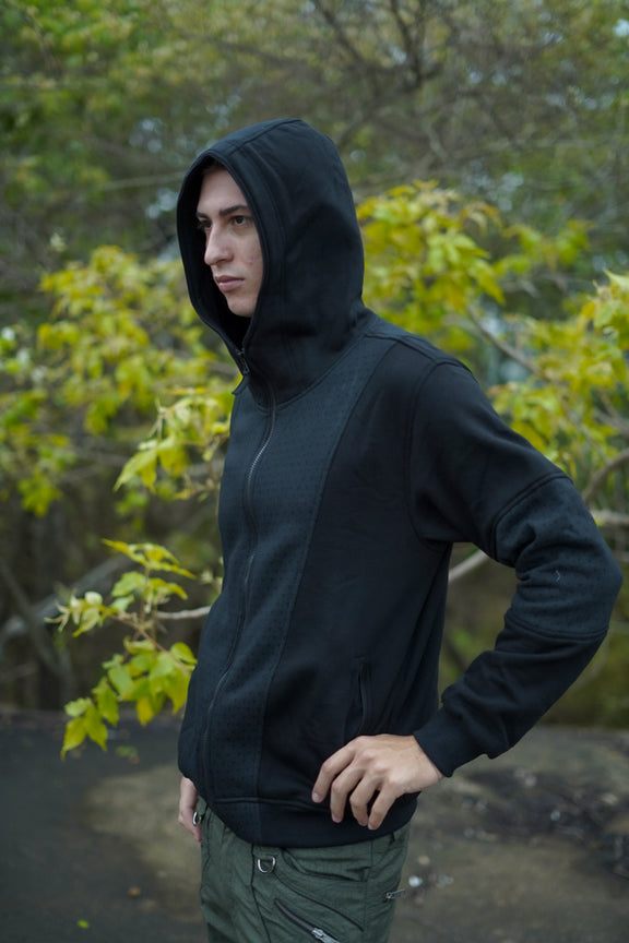 Clover Vortex black zip-up hoodie with subtle patterned front and sleeve panels