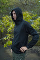 Clover Vortex black zip-up hoodie with subtle patterned front and sleeve panels