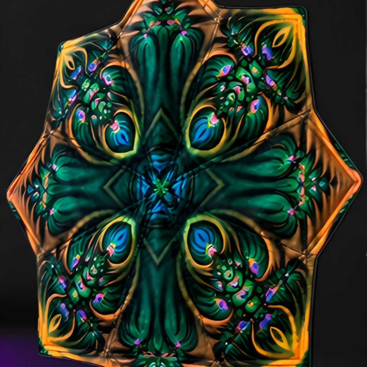 Emerald Bloom DAPOSTAR flow star glowing under UV light with sacred botanical geometric design