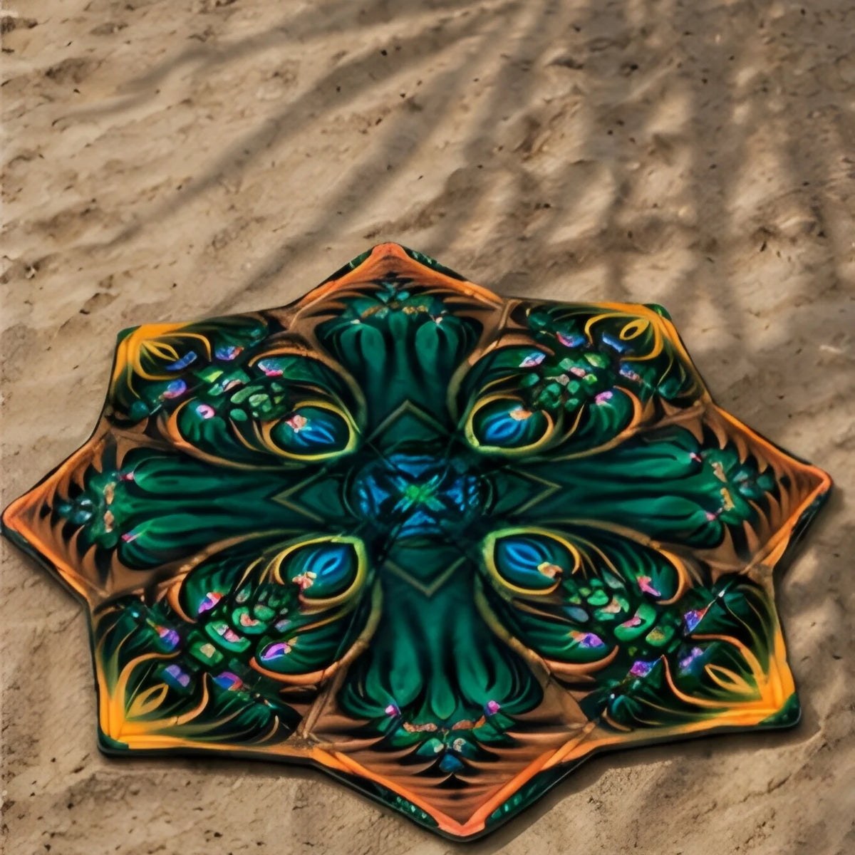 Emerald Bloom DAPOSTAR spinning cloth with UV reactive botanical mandala design displayed on beach sand