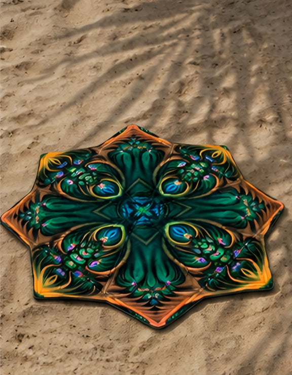 Emerald Bloom DAPOSTAR spinning cloth with UV reactive botanical mandala design displayed on beach sand