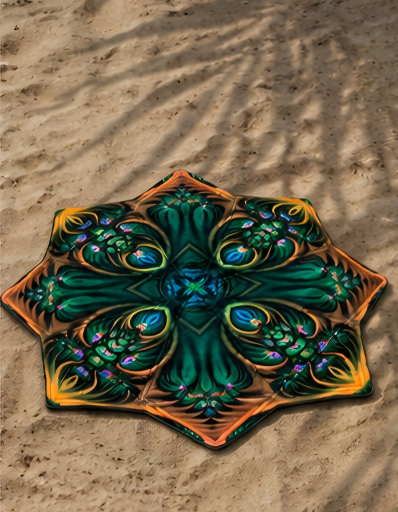 Emerald Bloom DAPOSTAR spinning cloth with UV reactive botanical mandala design displayed on beach sand
