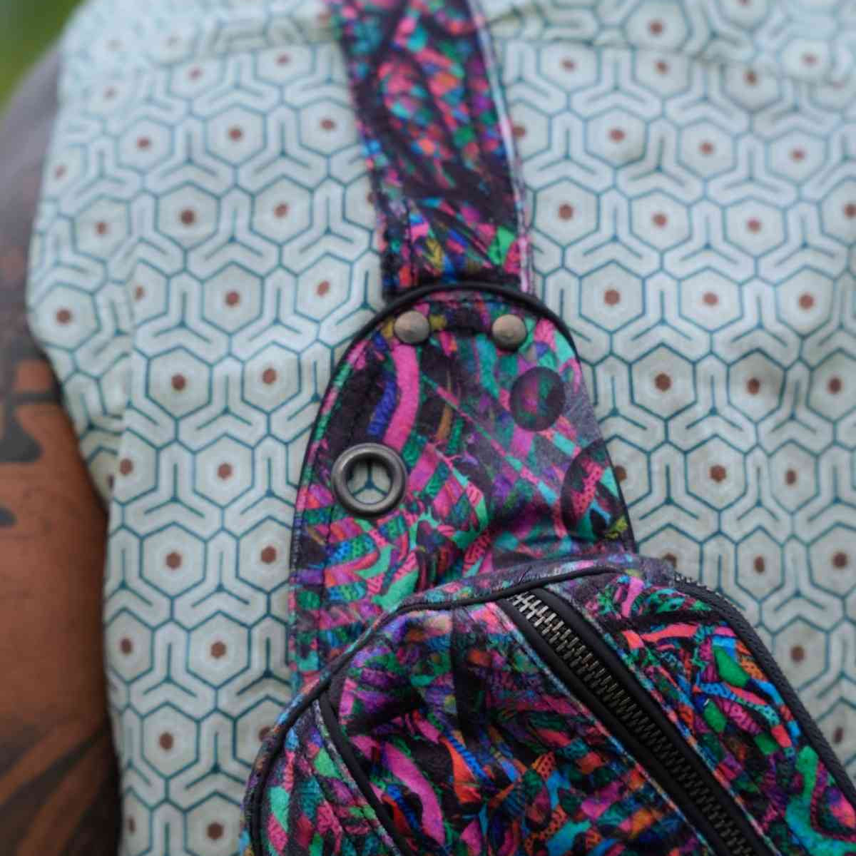 FluxFunk psychedelic festival sling bag with multiple zippered pockets