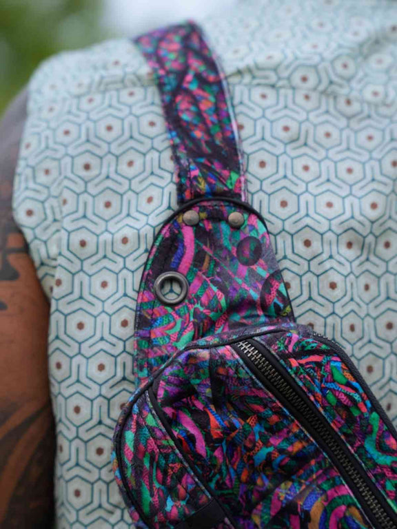 FluxFunk psychedelic festival sling bag with multiple zippered pockets