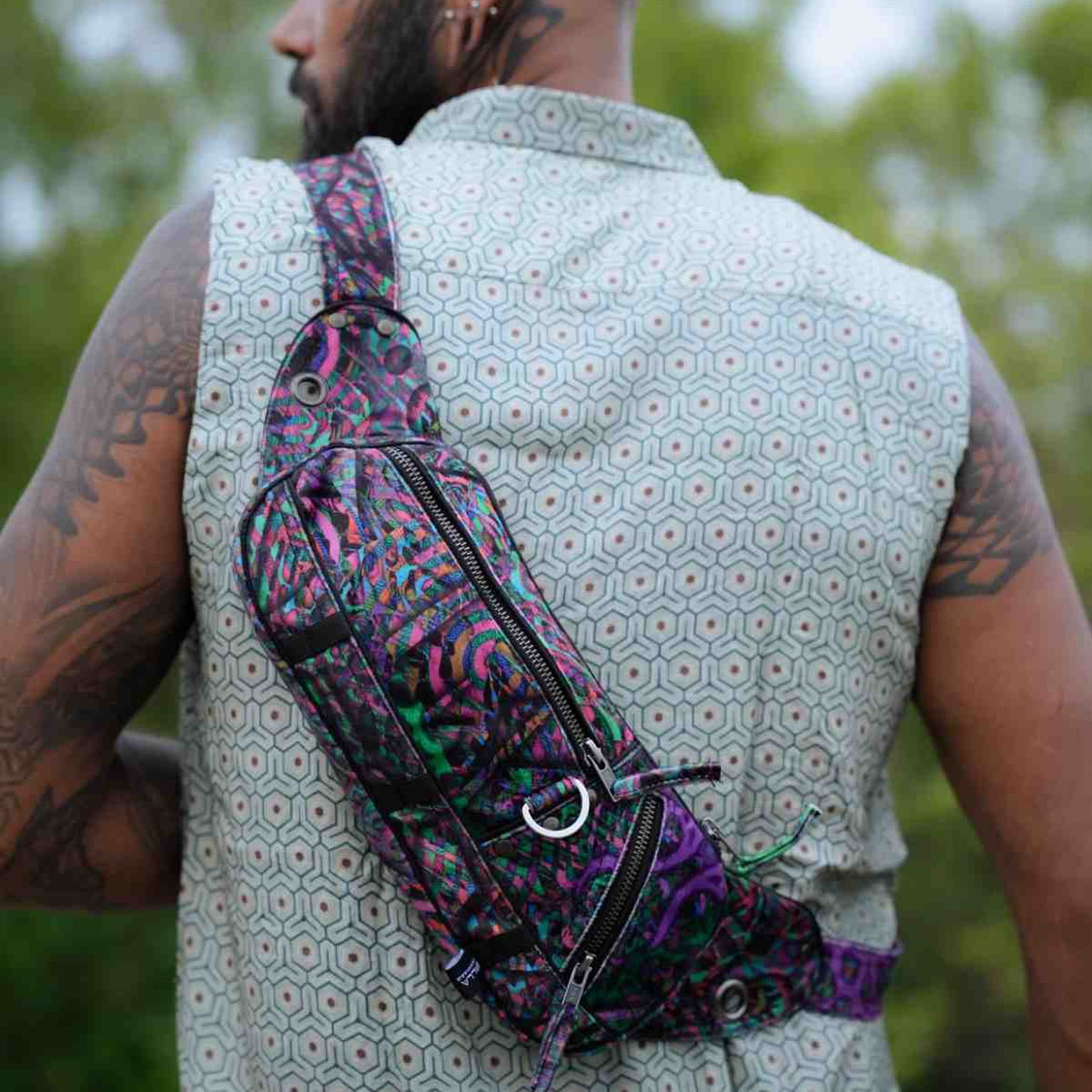 FluxFunk festival sling bag worn crossbody from the back