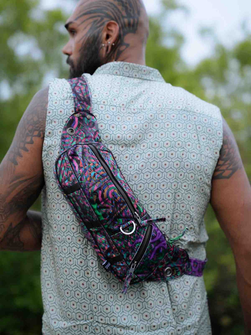 FluxFunk festival sling bag worn crossbody from the back