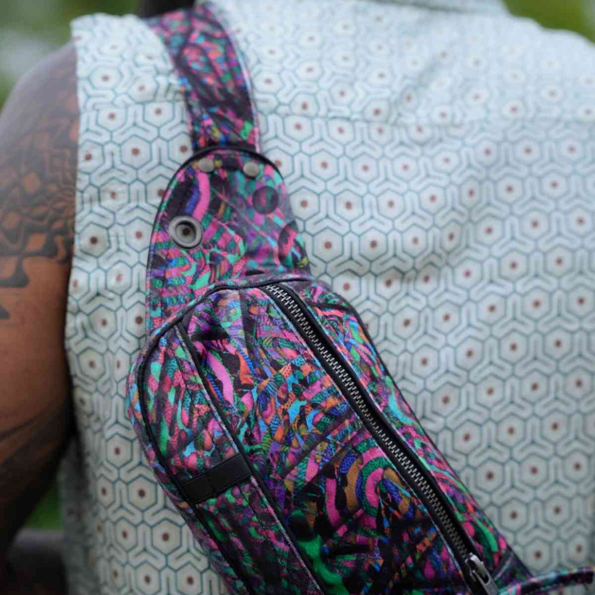 FluxFunk psychedelic crossbody sling bag with secure zip compartments