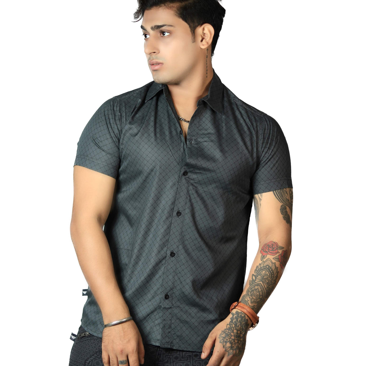 Grey VAAYU viscose button down shirt for men with lightweight geometric design