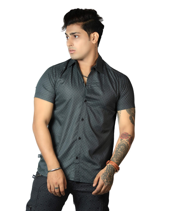 Grey VAAYU viscose button down shirt for men with lightweight geometric design