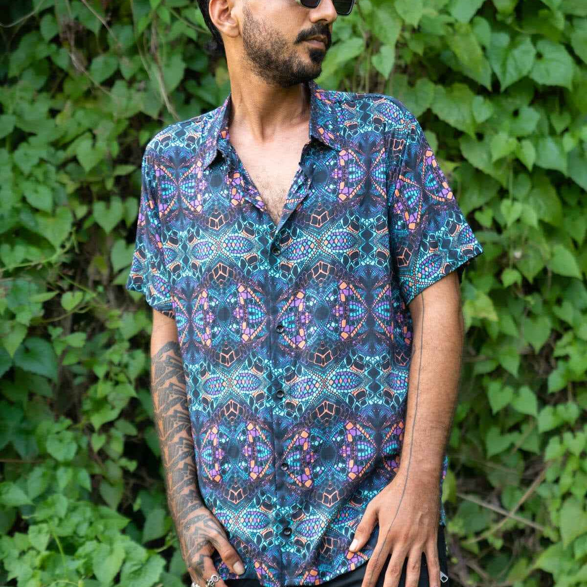 mens bamboo psychedelic shirt kaleidoscope print front view