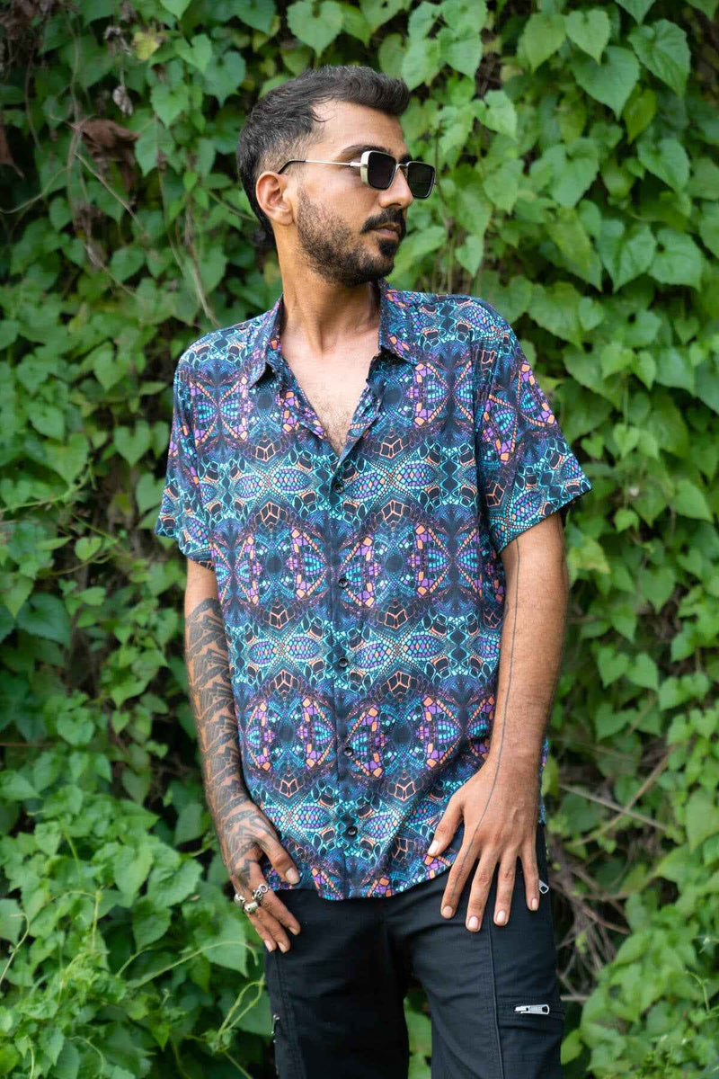 mens bamboo psychedelic shirt kaleidoscope print front view