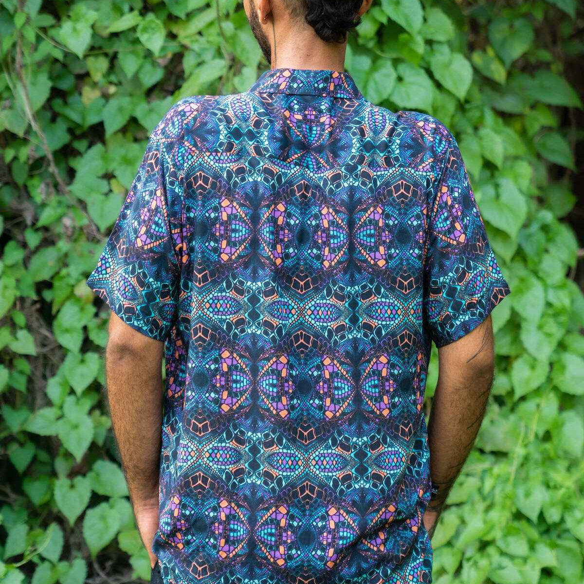 mens bamboo shirt kaleidoscope psychedelic print back view