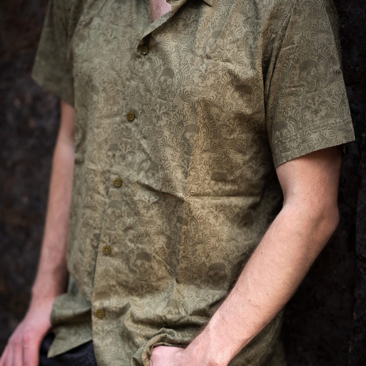 Khaki Cancun Skull viscose button down shirt featuring exclusive skull artwork