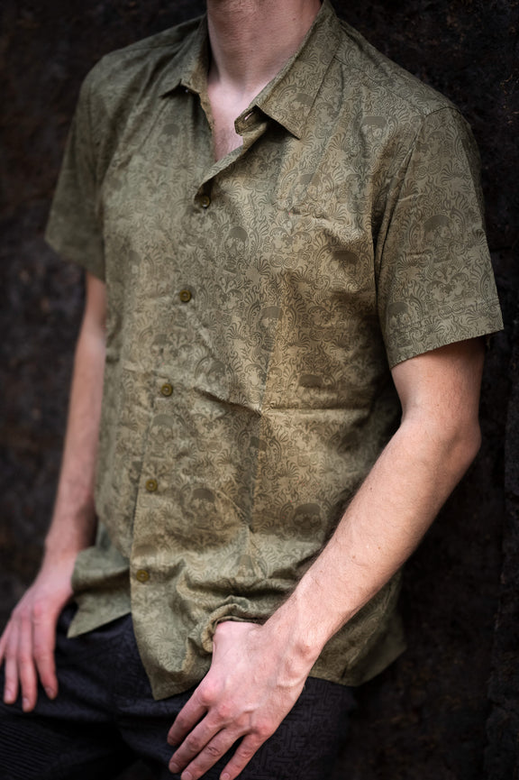 Khaki Cancun Skull viscose button down shirt featuring exclusive skull artwork
