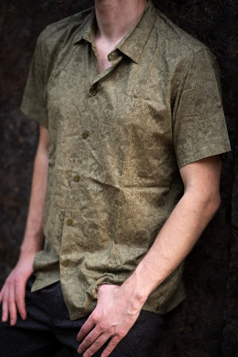 Khaki Cancun Skull viscose button down shirt featuring exclusive skull artwork