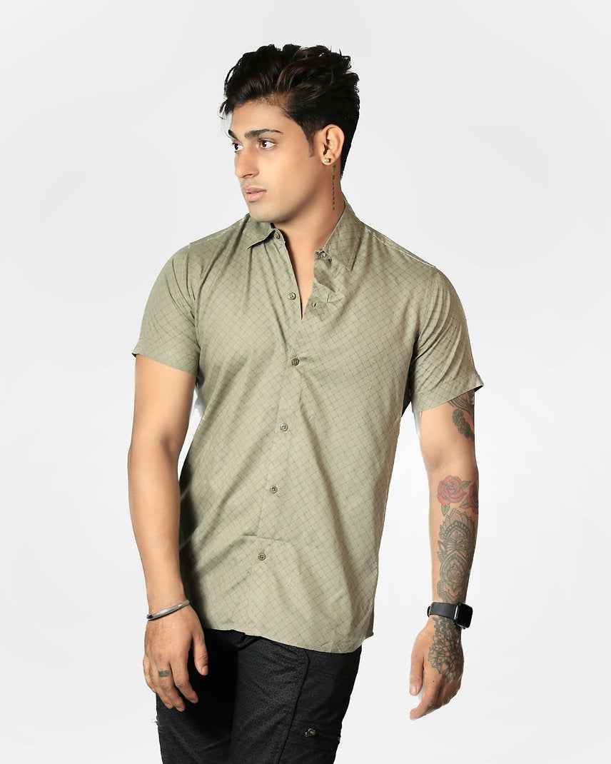 Khaki VAAYU viscose button down shirt for men with minimalist geometric print.