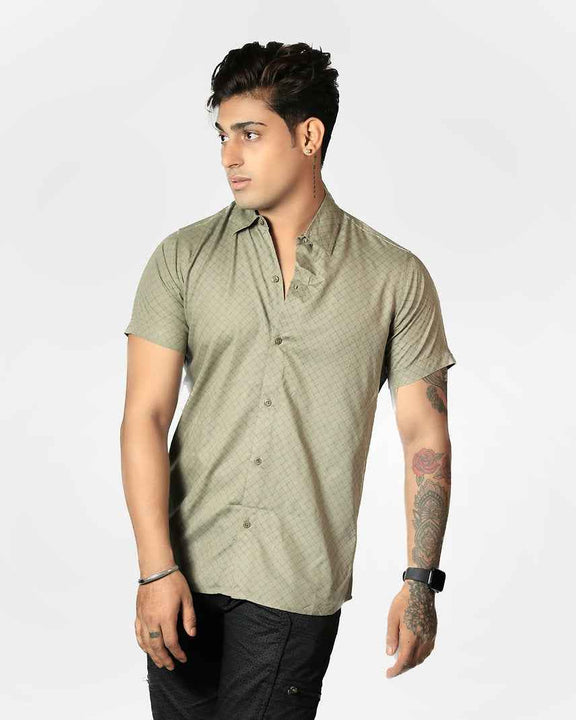 Khaki VAAYU viscose button down shirt for men with minimalist geometric print.