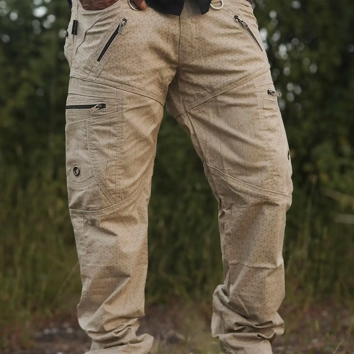 Beige abstract print cargo pants front view