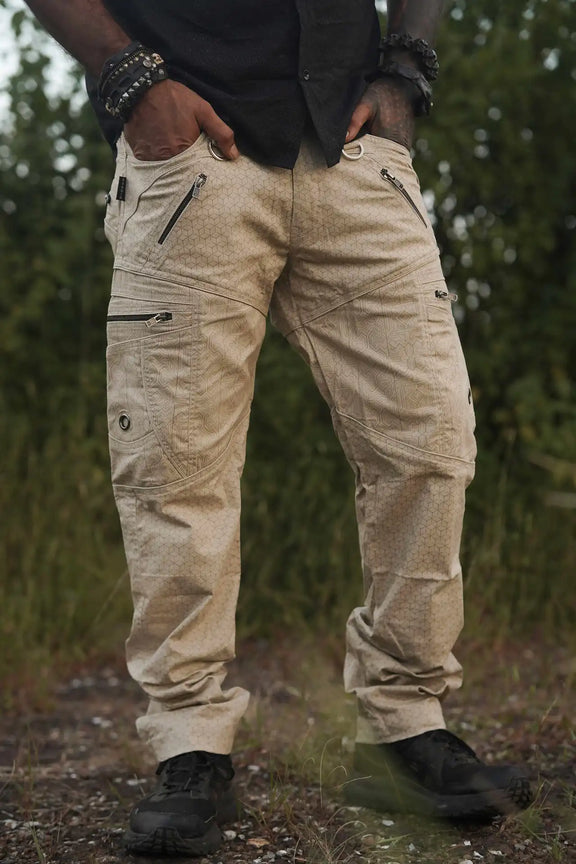 Beige abstract print cargo pants front view