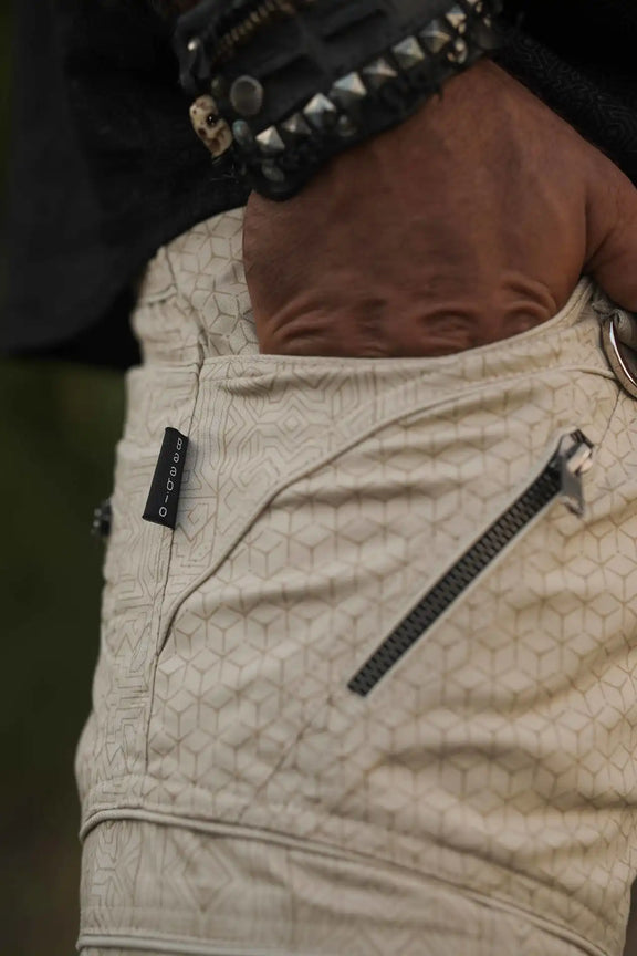 Men's beige geometric cargo pants with zipper pockets