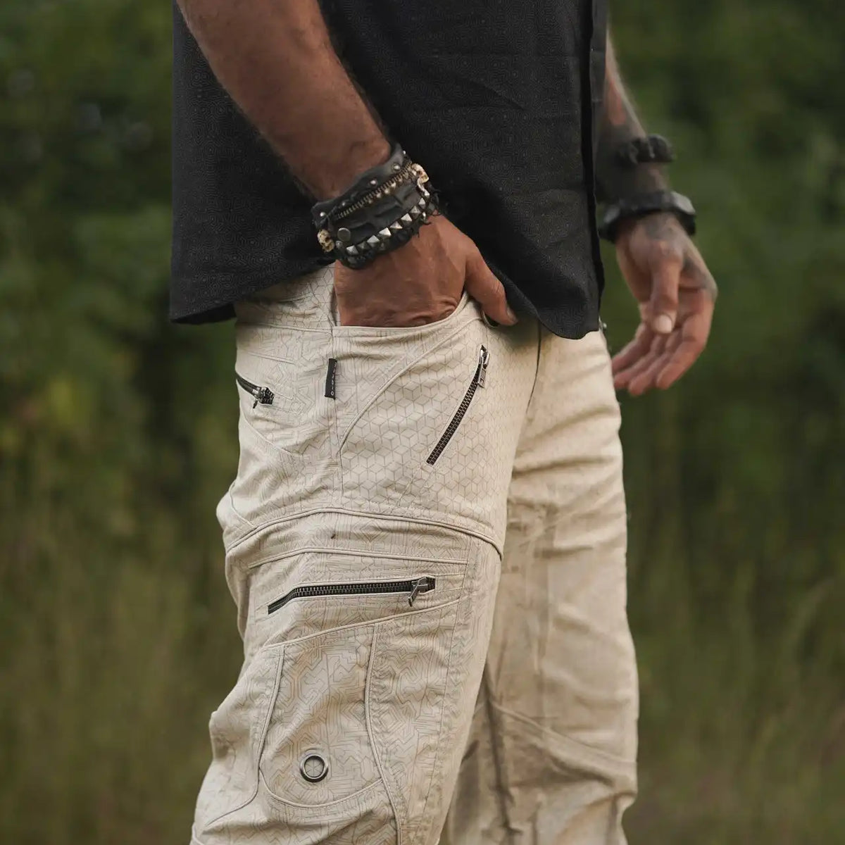Beige geometric cargo pants for men with abstract print