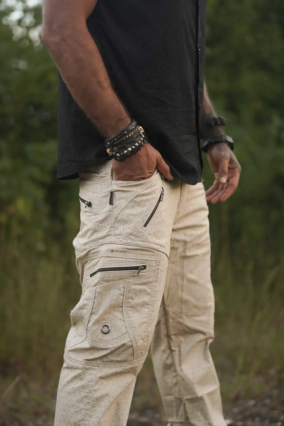 Beige geometric cargo pants for men with abstract print