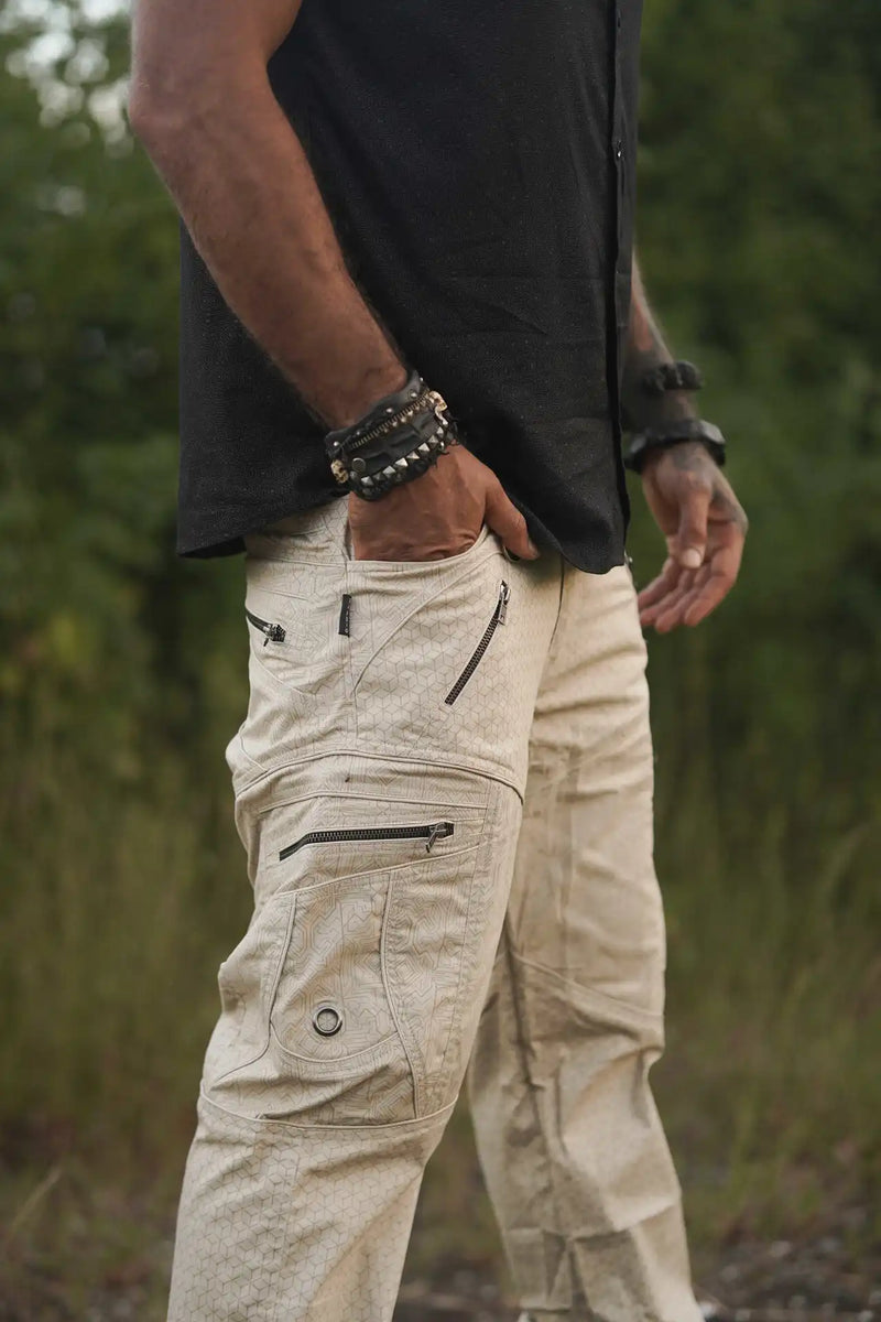 Beige geometric cargo pants for men with abstract print